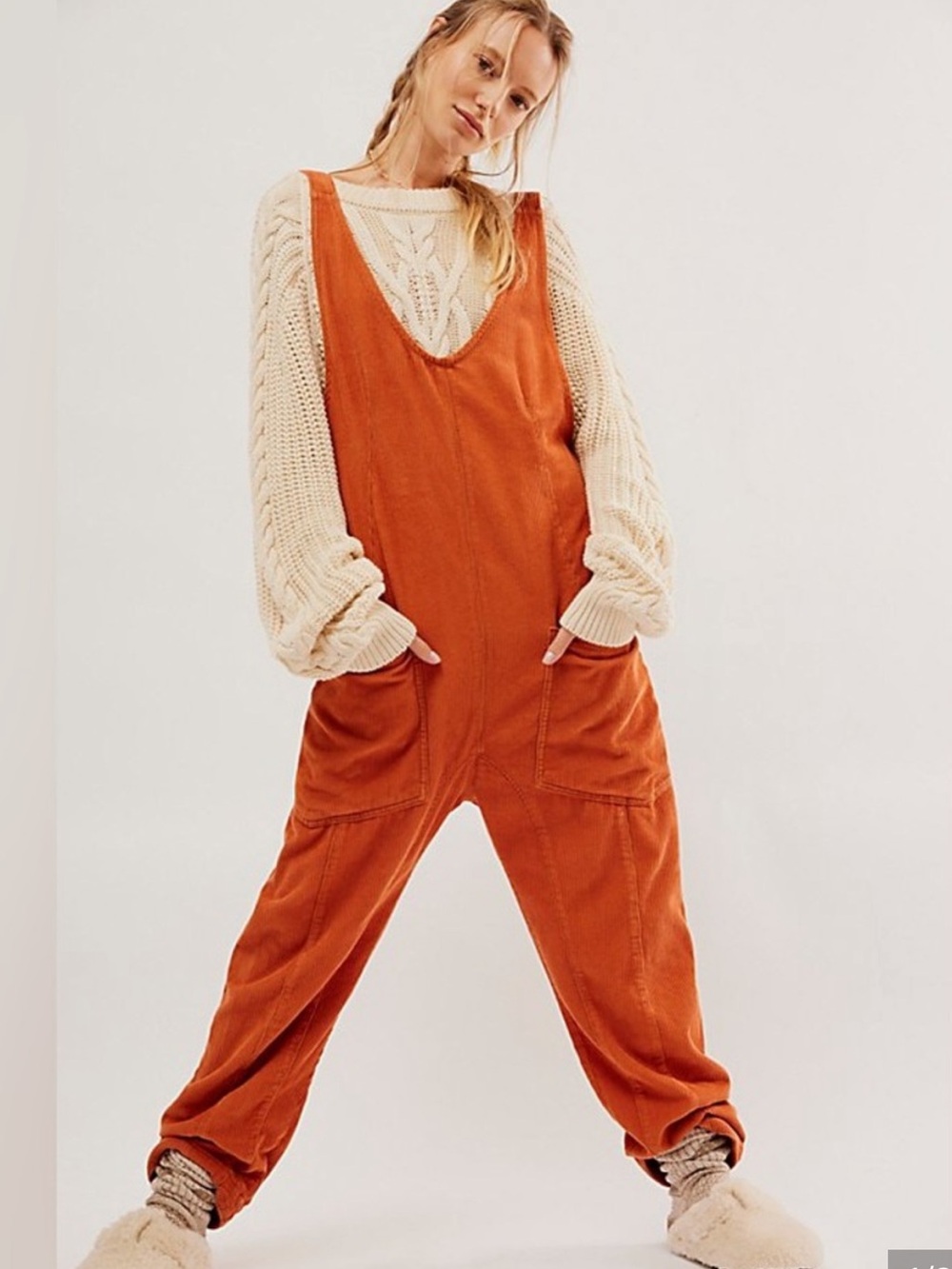 We The Free High Roller Cord Jumpsuit - Sunburn Orange